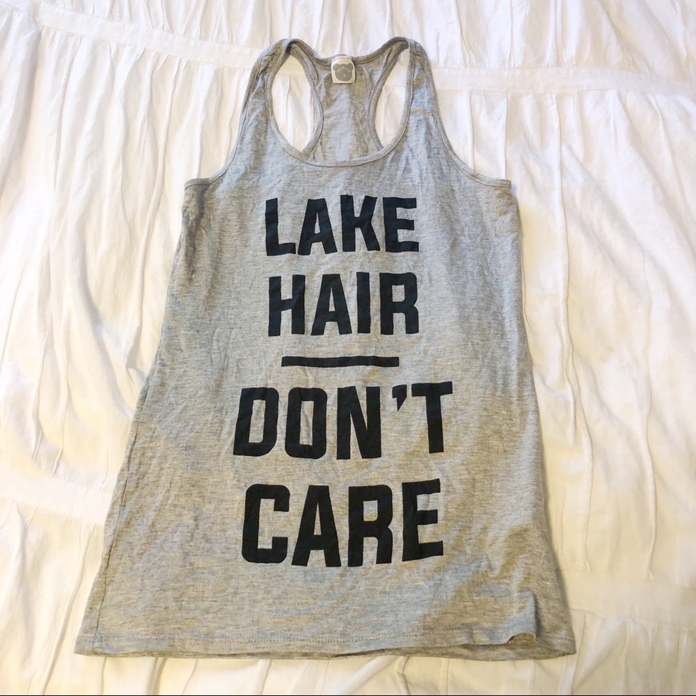 “Lake hair don’t care” adult small grey tank top